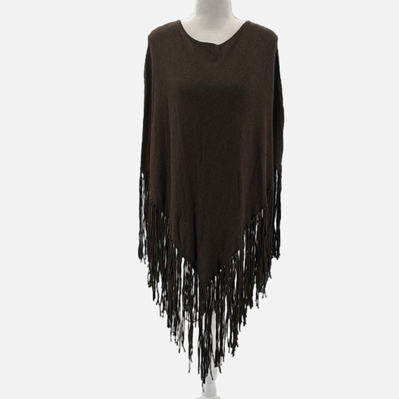 Minnie Rose Fringed Cotton Hankie Poncho in Chocolate Brown - One Size - Picture 2 of 6